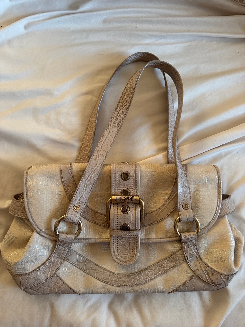 Just Cavalli Beige Logo Jacquard Shoulder Bag with Buckle